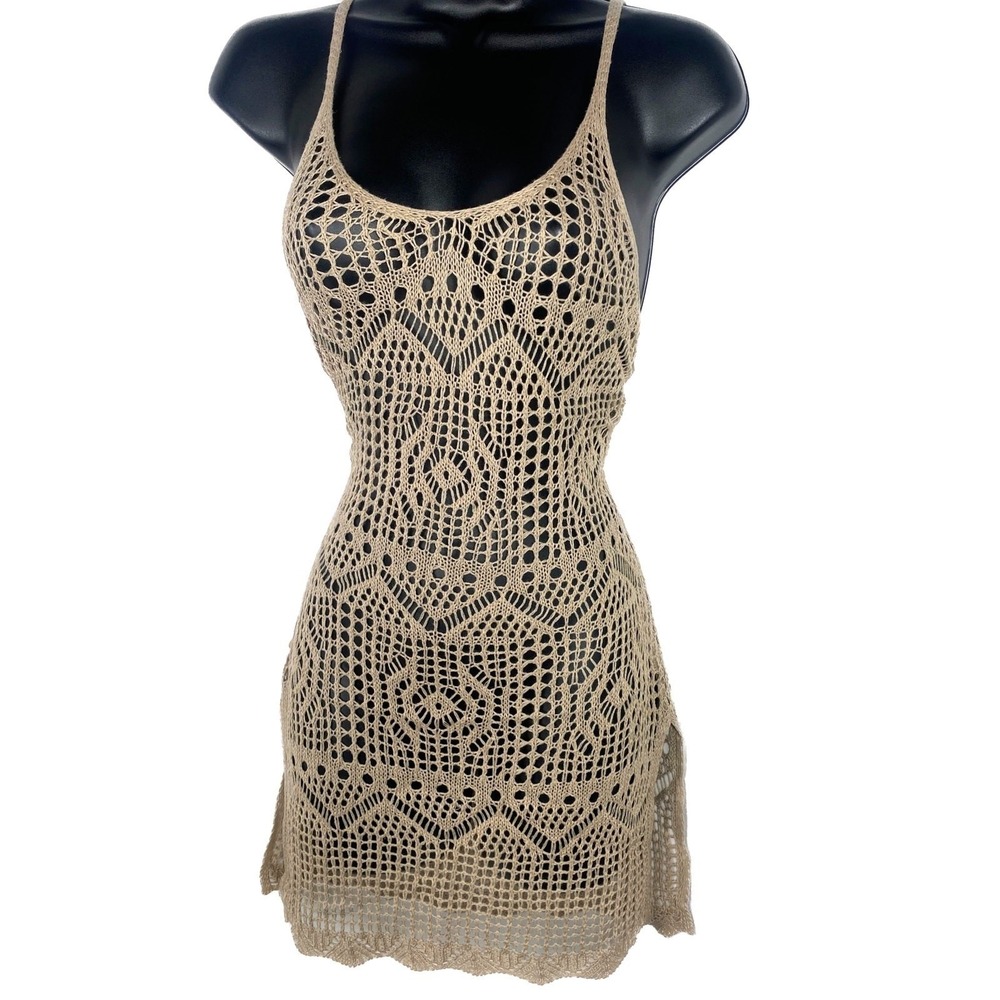 New Small Khaki Tan Beige Knit Crochet Swimsuit Cover Up Mini Dress Slit Beach